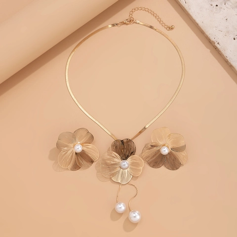 Vintage Legierung Künstliche Perle Blume Halskette Und Ohrringe Galvanisiert Gold Silber Ton Floraler Schmuck Für Damen Mode Accessoire