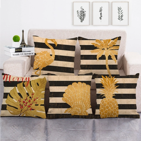 Goldener Flamingo Tropisches Palmblatt Leinen Kissenbezug Gestreift Quadratisch Dekorativer Kissenhülle Für Sofa Zuhause Wohnzimmer