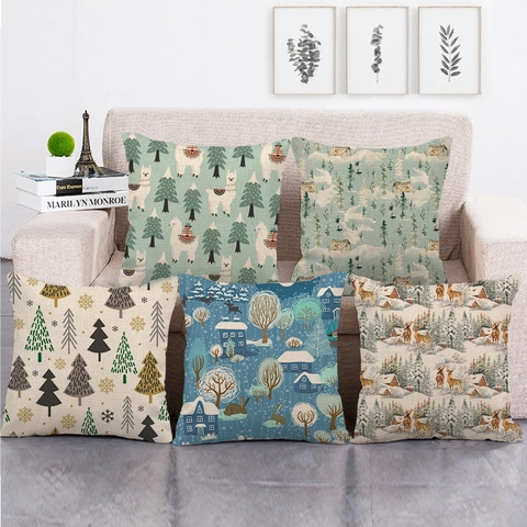 Housse De Coussin Décorative En Lin Cerf De Noël Sapin Motif Animal Plante Imprimé Taie D Oreiller Carrée Pour Canapé Déco Maison