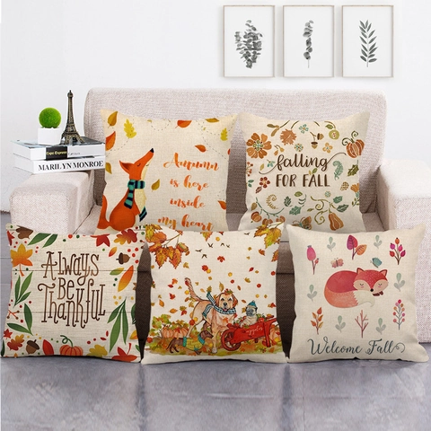 Fundas De Cojín De Lino Otoño Acción De Gracias Calabaza Hojas De Arce Fundas Decorativas Sofá Hogar Estilo Granja