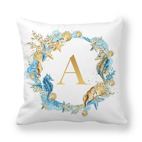 Ocean Wreath Print Peach Skin Velvet Decorative Pillowcase Coastal Theme Alphabet Letter Square Cushion Cover Home Decor