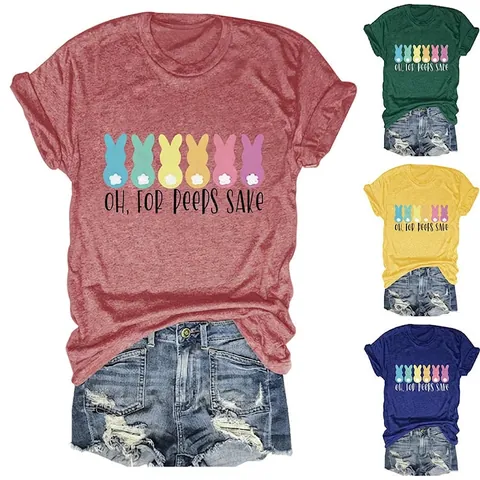T-Shirt Donna Grafica Coniglio Pasquale Stampata Misto Cotone Girocollo Manica Corta Casual Top Estivo