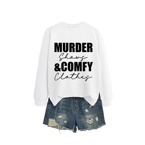 Murder Shows Comfy Clothes Brief Druck Sweatshirt Damen Rundhalsausschnitt Langarm Baumwollmischung Lässig Lockerer Pullover