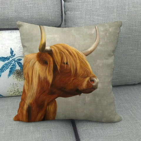 Highland Cow Bull Animal Oil Painting Print Linen Decorative Pillowcase Retro Nordic Style Square Cushion Cover For Sofa Home Decor
