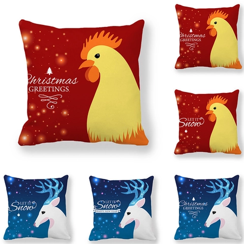 Christmas Reindeer Rooster Decorative Pillow Cover Peach Skin Velvet Winter Holiday Home Sofa Cushion Case
