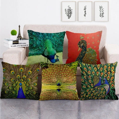 Peacock Oil Painting Pattern Linen Cushion Cover Decorative Throw Pillow Case For Sofa Couch Living Room Home Decor