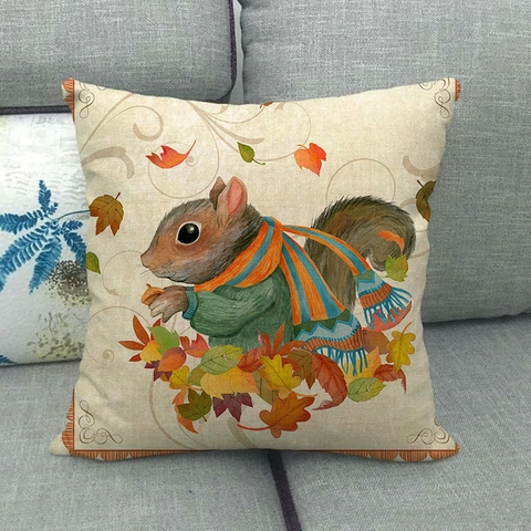 Fundas De Cojín Decorativas Mezcla De Lino Otoño Animales Acuarela Zorro Ciervo Ardilla Búho Patrón Para Decoración De Sofá