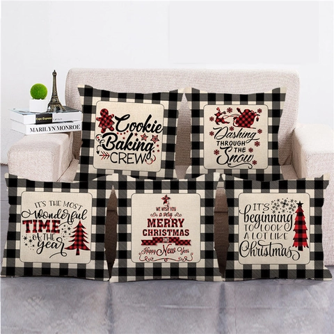 Fodera per Cuscino in Lino con Motivo Buffalo Plaid Natalizio Decorativo Merry Christmas Renna Albero Copricuscino per Divano