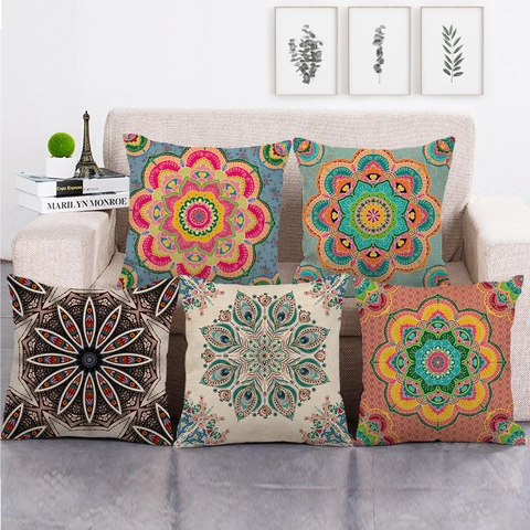 Böhmische Mandala Kissenhülle Leinen Symmetrisches Geometrisches Muster Quadratischer Kissenbezug Ethno Stil Sofa