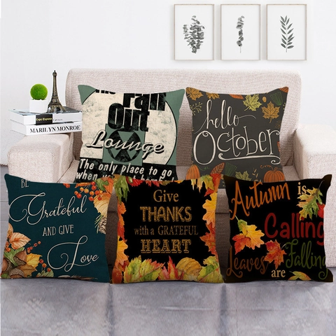 Taies d'Oreiller en Lin Action de Grâce Automne Citrouille Feuille d'Érable Housse de Coussin Décorative pour Canapé Maison