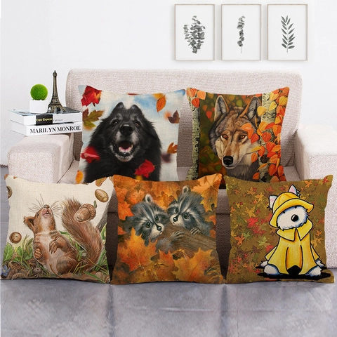 Herbst Tier Muster Kissenbezüge Leinen Quadratische Dekokissenbezüge Für Sofa Home Decor Hund Eichhörnchen Wolf Waschbär