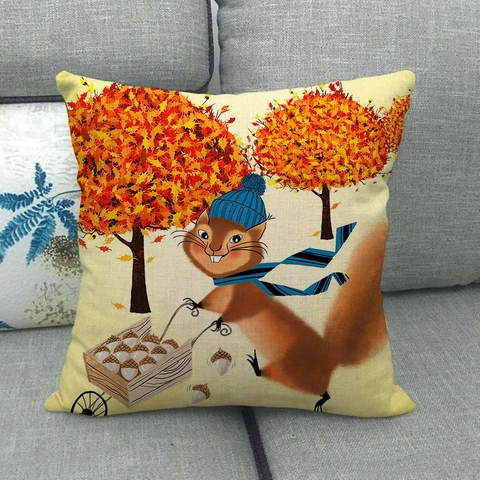 Herbst Tier Muster Kissenbezüge Leinen Quadratische Dekokissenbezüge Für Sofa Home Decor Hund Eichhörnchen Wolf Waschbär