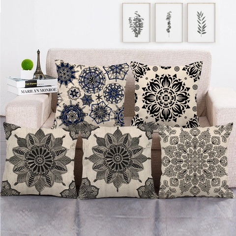 Bohemian Mandala Geometrisches Muster Leinen Kissenbezug Quadratischer Kissenhülle Für Sofa Wohnzimmer Deko Dekorative
