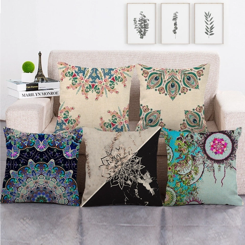 Bohemian Mandala Linen Throw Pillow Cover Geometric Floral Decorative Pillowcase For Sofa Couch Bedroom Home Decor Office