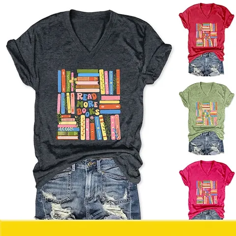 Women V Neck T Shirt Cotton Blend Short Sleeve Read More Books Graphic Print Loose Fit Casual Summer Top