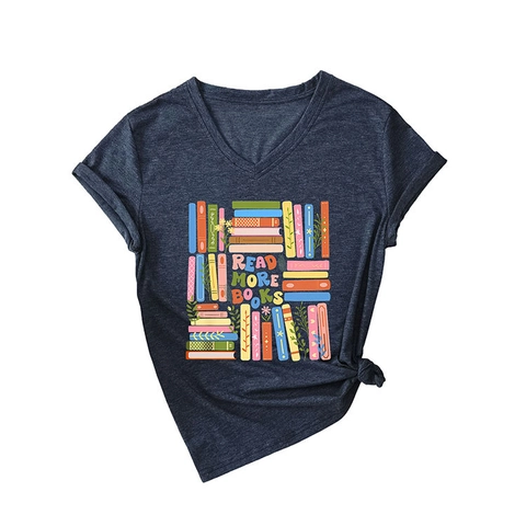 Women V Neck T Shirt Cotton Blend Short Sleeve Read More Books Graphic Print Loose Fit Casual Summer Top