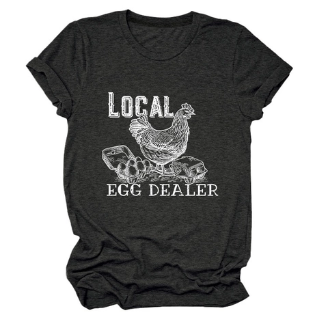 Maglietta da Donna in Misto Cotone Casual Stampa Local Egg Dealer Girocollo Manica Corta Top Vintage Hen Graphics Tee
