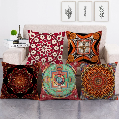 Fodera Per Cuscino Lino Mandala Bohemien Geometrico Simmetrico Quadrato Decorativa Divano