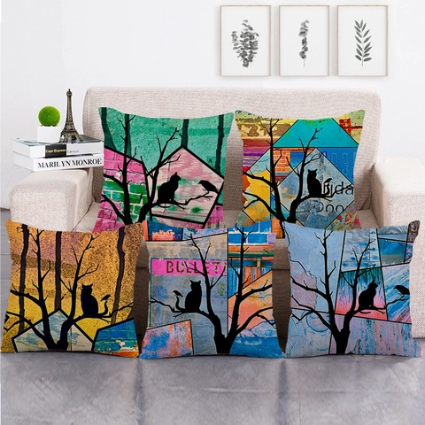 Artistic Linen Cat Tree Silhouette Throw Pillow Case Square Decorative Cushion Cover For Sofa Living Room Home Decor