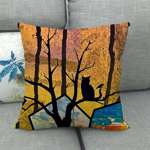Artistieke Linnen Kussensloop Kat Boom Silhouet Vierkante Decoratieve Kussenhoes Voor Sofa Woonkamer Thuis Decor