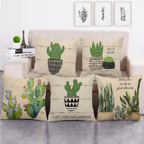 Watercolor Cactus Plant Linen Throw Pillow Cover Square Decorative Cushion Case For Sofa Living Room Nordic Style