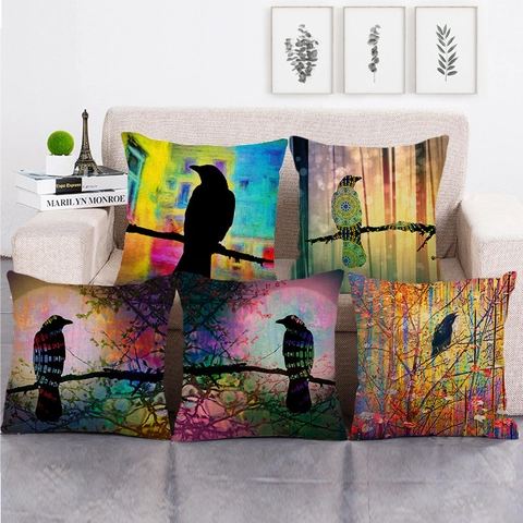 Fodera Per Cuscino In Lino Arte Uccello Animale Acquerello Federa Quadrata Per Divano Decorazione Soggiorno Stile Boho