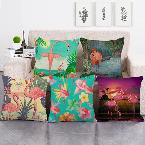 Flamingo Tropische Planten Patroon Linnen Kussenhoes Decoratieve Vierkante Kussensloop Voor Woonkamer Bank Home Decor