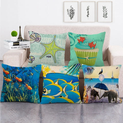 Fodera Per Cuscino In Lino Tema Oceano Stella Marina Conchiglia Pesce Stampa Quadrata Federa Decorativa Per Divano Letto