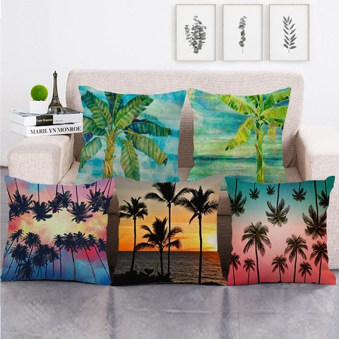 Federe Per Cuscini Decorative Lino Palma Tropicale Paesaggio Tramonto Quadrate Per Decorazione Casa E Soggiorno
