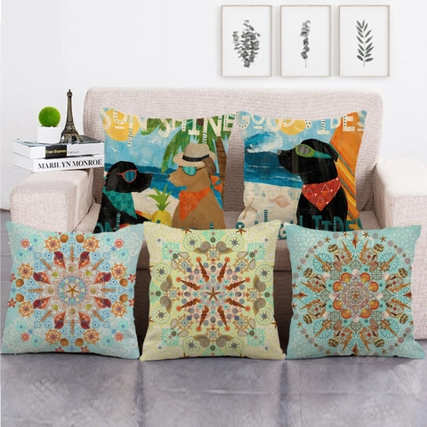 Vintage Linen Decorative Throw Pillow Cover Seaside Scenery Dog Oil Painting Print Square Cushion Case For Home Sofa Decor