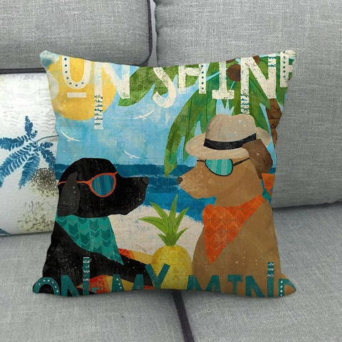 Vintage Linen Decorative Throw Pillow Cover Seaside Scenery Dog Oil Painting Print Square Cushion Case For Home Sofa Decor