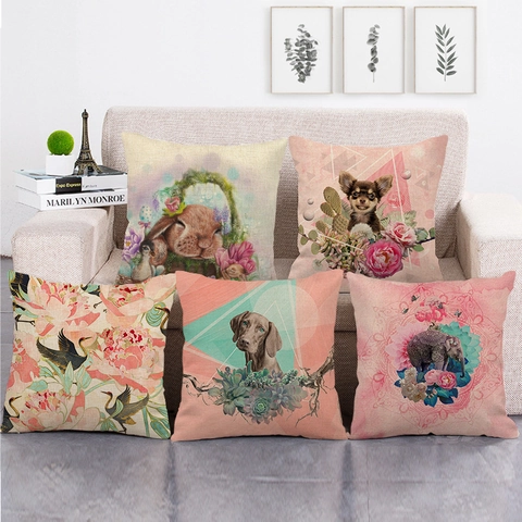Taie d'Oreiller Décorative en Lin Aquarelle Animaux Fleurs Housse de Coussin Carrée Pour Canapé Salon Décoration Maison Sans Garnissage