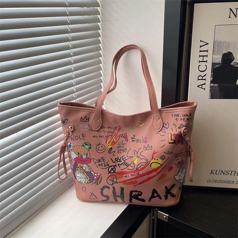 Sac Fourre-Tout Graffiti Grande Capacité Cuir PU Style Urbain Imprimé Ours Dessin Animé Sac À Épaule Pour Femmes