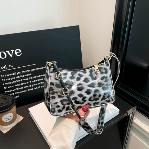 Borsa Sottobraccio Leopardata Da Donna Pelle PU Lucida Catena Borsa A Tracolla Baguette Chic Moda Vintage Y2K
