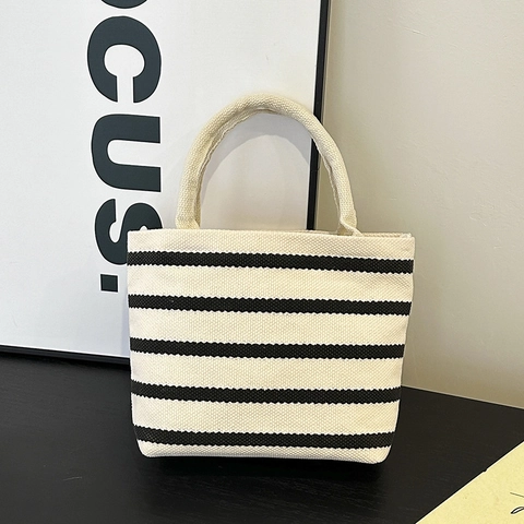 Striped Canvas Handbag Mini Tote Bag Composite Fabric Casual Korean Style Simple Handheld Purse For Women