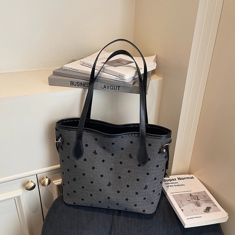 Elegante Bolso Tote Gran Capacidad Con Lunares Y Lazo Mujer Estilo Coreano Bolso De Hombro Cuero Pu Bolso Shopping Casual