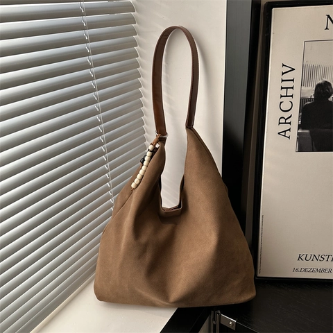 Sac Fourre-Tout Vintage en Imitation Daim Grande Capacité Sac à Épaule Minimaliste pour Femme Sac à Main Quotidien Avec Perles