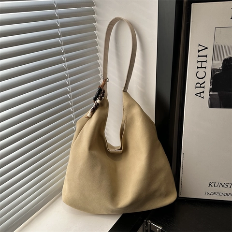 Sac Fourre-Tout Vintage en Imitation Daim Grande Capacité Sac à Épaule Minimaliste pour Femme Sac à Main Quotidien Avec Perles