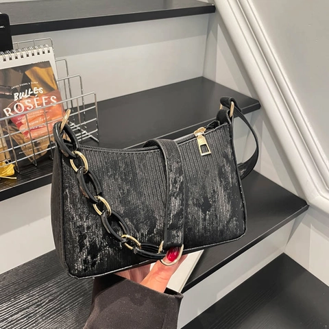 Dames Metallic Geribbelde Onderarmtas Mode PU Leer Baguette Schoudertas Met Ketting Decor Casual Commuter Handtas