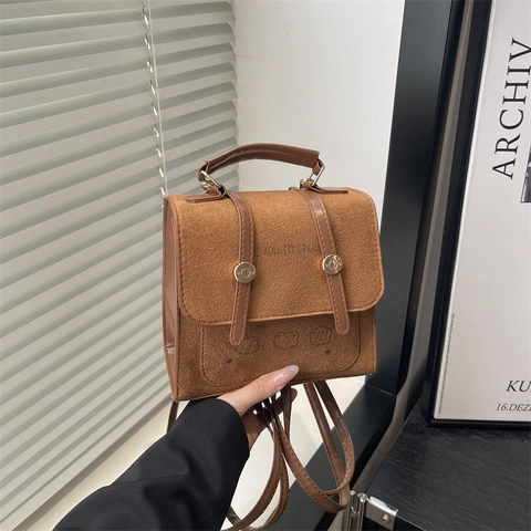 Women Vintage Brown PU Suede Backpack Retro Square Handbag With Cute Bear Pendant Fashion Multi Functional Shoulder Bag