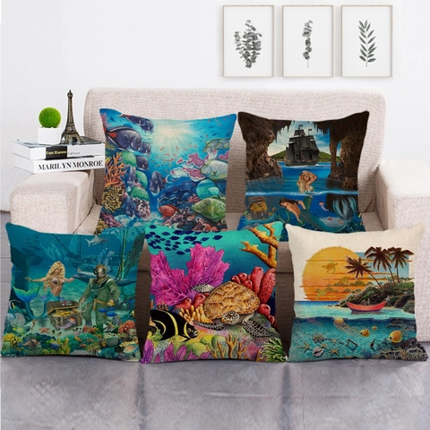Federa per Cuscino in Lino Mondo Sirena Sottomarino Quadrata Stampa Pesci Corallo Vita Marina Copricuscino Decorativo Divano