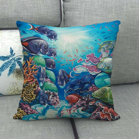 Federa per Cuscino in Lino Mondo Sirena Sottomarino Quadrata Stampa Pesci Corallo Vita Marina Copricuscino Decorativo Divano