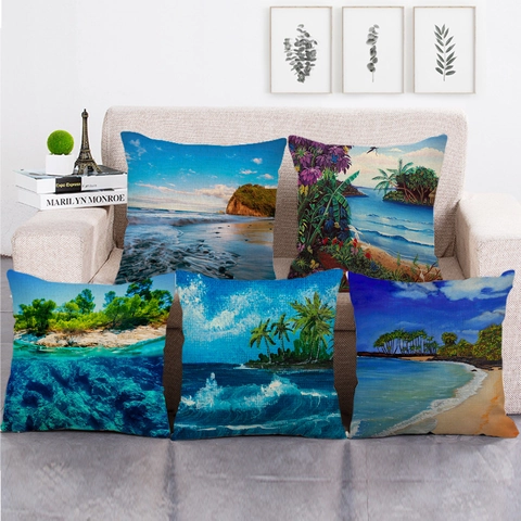 Seaside Beach Scenery Linen Pillowcase Tropical Landscape Sunset Palm Tree Print Square Cushion Cover Home Decor Sofa Decorative Pillowcase