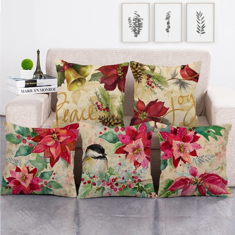 Fodera per Cuscino in Lino Merry Christmas Copricuscino Quadrato Decorativo Stampa Poinsettia Uccello Pigna per Divano Decorazione Casa
