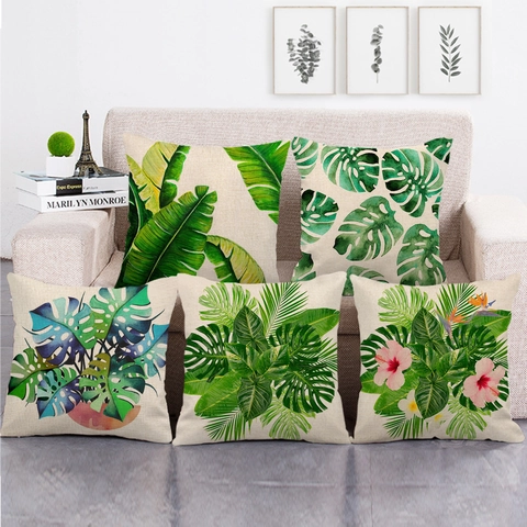 Tropical Monstera Leaf Print Linen Cushion Cover Watercolor Floral Plant Square Decorative Pillowcase For Sofa Home