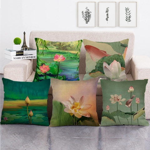 Federa per Cuscino in Lino con Fiori di Loto ad Acquerello Copricuscino Decorativo per Divano Soggiorno Casa 45x45cm