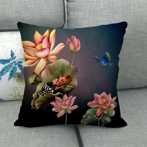 Federa per Cuscino in Lino con Fiori di Loto ad Acquerello Copricuscino Decorativo per Divano Soggiorno Casa 45x45cm