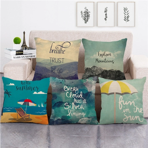 Linnen Decoratieve Kussensloop Vierkante Kussenhoes Zee En Bergen Landschap Inspirerende Quote Voor Woonkamer Home Decor