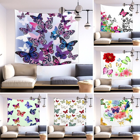 Watercolor Butterfly Flower Tapestry Polyester Peach Skin Short Plush Wall Hanging Decor For Living Room Bedroom Office