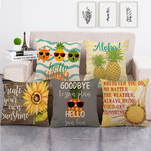 Cartoon Sonnenblume Leinen Kissenbezug Sunshine Muster Dekorative Kissenhülle Vintage Landhausstil Home Dekor Wurfkissenbezug